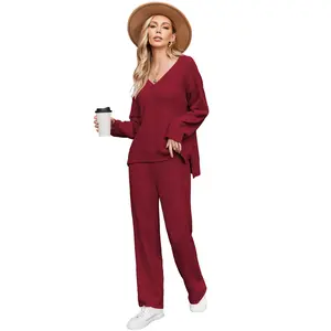 Ekouaer Pajamas for Women 2 Piece Lounge Set Fuzzy Fleece Long Sleeve Pullover Sweater Top Wide Leg Pants Set Outfits S-XXL