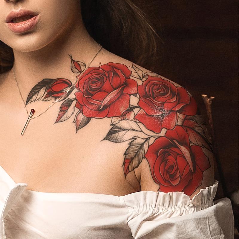 1pc Red Temporary Rose Flower Arm and Leg Tattoo Stickers, Stripper Chest and Thigh Design, Waterproof, Perfect For Women, Waterproof Realistic Tattoos