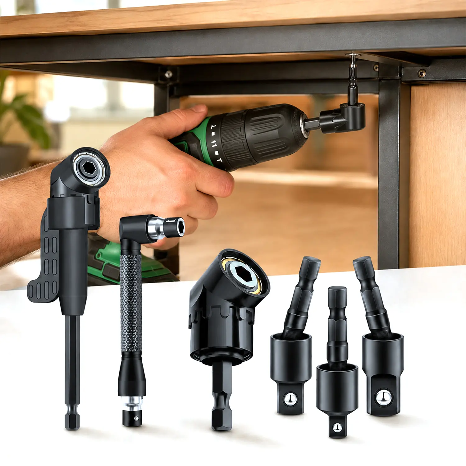 Right-Angle Drill Bit Accessory Set (6 Pieces), Heavy-Duty Power Tool Accessories Drill Attachment Kit: 3 x 360° Rotatable 1/4", 3/8" & 1/2" Impact-Grade Socket Adapters, 2 x 105° Hex Shank Angle Adapters, 90° Right-Angle Drill Bit #GLOBAL PICKS