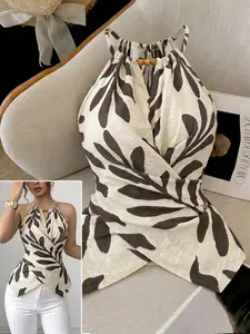 Boho Halter Leaf Wrap Tank Top, Summer Fashion Cross Back Slim Fit Sleeveless Shirt, Elegant Casual Wear for Daily, Beach, Date