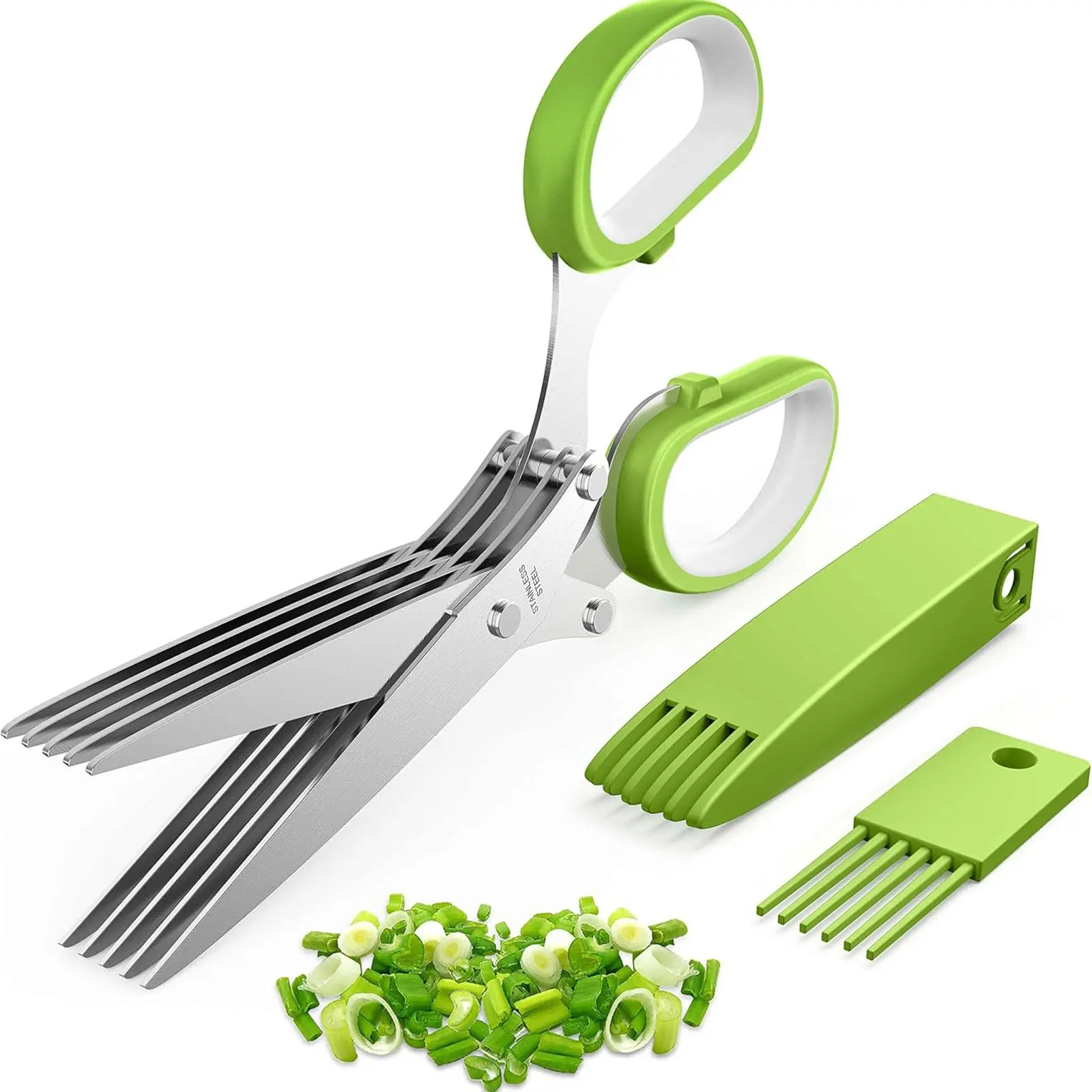 Multipurpose Kitchen Herb Scissors - 5 Sharp Stainless Steel Blades Kitchenware Utensils with Safety Sheath, Cleaning Comb, Ergonomic Cutting Tool for Salad, Cooking, Housewarming Gift,back to school,back to school haul