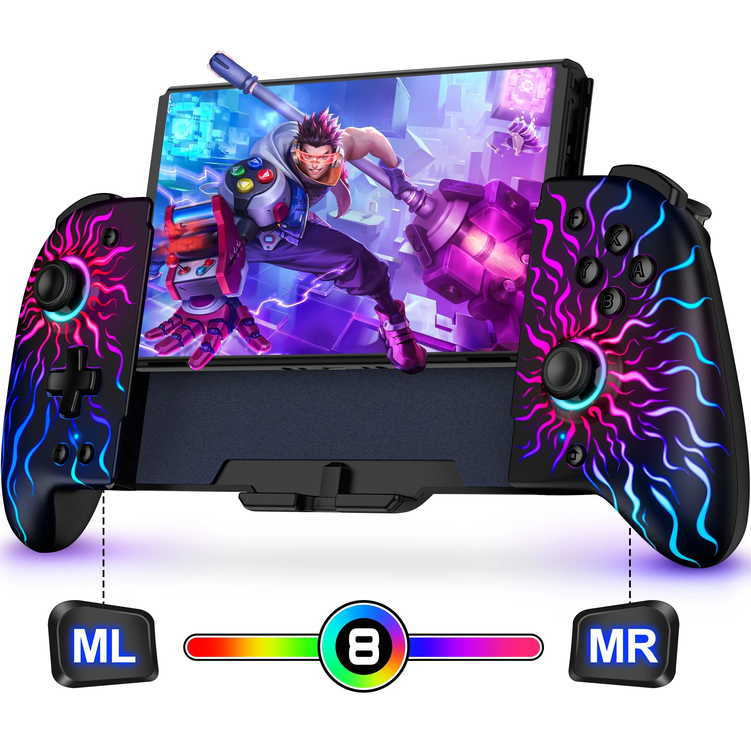 Switch Joypad Controller Compatible with Switch and Switch OLED Console, Full-Size Grip Wireless Switch Pro Controller with 9 Color Lights