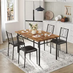 YJ-Garvee Farmhouse Dining Table Set for 4 - Dining Table with Upholstered Chairs, Wood Kitchen Table Set, Space-Saving Apartment Dining Furniture - Ideal for Small Spaces,Retro Brown