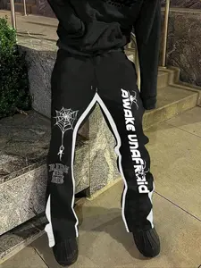 Men's Halloween Themed Letter & Spider Web Print Drawstring Waist Flare Leg Sweatpants, Casual Comfy Pocket Design Bell Bottom Trousers for Daily Wear, Men's Bottoms for Fall & Winter