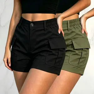 2-Pack High-Waist Elastic Cargo Shorts for Women, Multi Pockets, Slimming Hot Pants Style Fit Womenswear Bottom