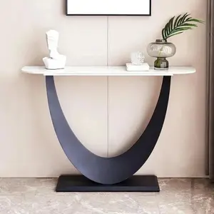 Modern U-Shape Console Table with Metal Frame and White-Grey Sintered Stone Top, Elegant Entryway Table for Living Room, Hallway, or Behind Sofa