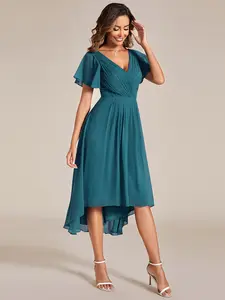 Ever-Pretty 2026 Valentine dress Spring Elegant Chiffon Midi Dress with Deep V-Neck, Flutter Sleeves and Asymmetrical Hem for Wedding Guest Dress 01923