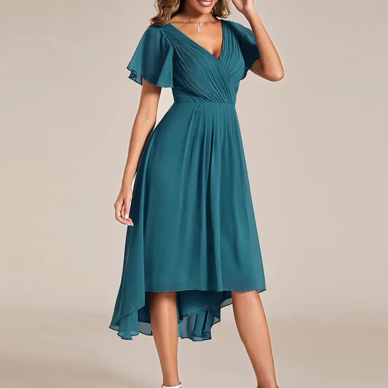 EVER PRETTY Women's 2026 Fall Elegant A-Line Chiffon Midi Formal Dress - Deep V-Neck, Short Sleeve, Asymmetrical Hem, Dusty Rose Wedding Guest Dress 01923, Womens Dresses