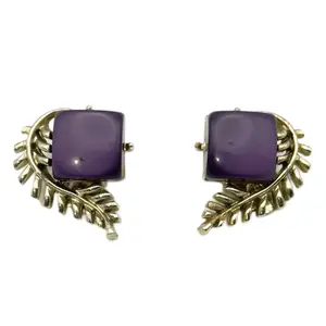 Coro Vintage Clip-on Earrings Marked Purple Moonglow Silver Tone Leaves Classic Design Jewelry