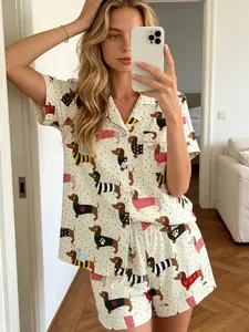 Women's Pajamas & Loungewear 2 Piece Set 2026 Trendy Beige Dachshunds in Costumes Stripes Polka Dots Bee Outfits Polka Dot Background White Trim Summer Button Down Short Sleeve Shorts Milk Silk Silky Breathable Loose Fit Comfortable Sleepwear Homewear