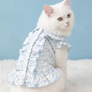 [Pangxigua]Cute Blue Heart Ruffle Collar Pet Vest, Soft Breathable Sleeveless Shirt for Cats & Small Puppies, Daily Wear Dog Cat Outfit