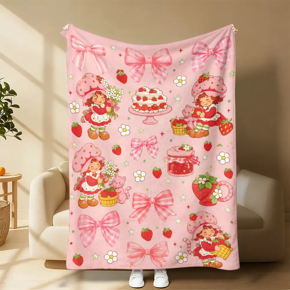 Kawaii Strawberry Shortcake Print Flannel Throw Blanket - Soft Plush Lap Blanket with Pink Bow, Floral Patterns, Vintage Cartoon Sofa Decor, Ideal for Movie Nights, Girl's Birthday Gift, Other Special Features