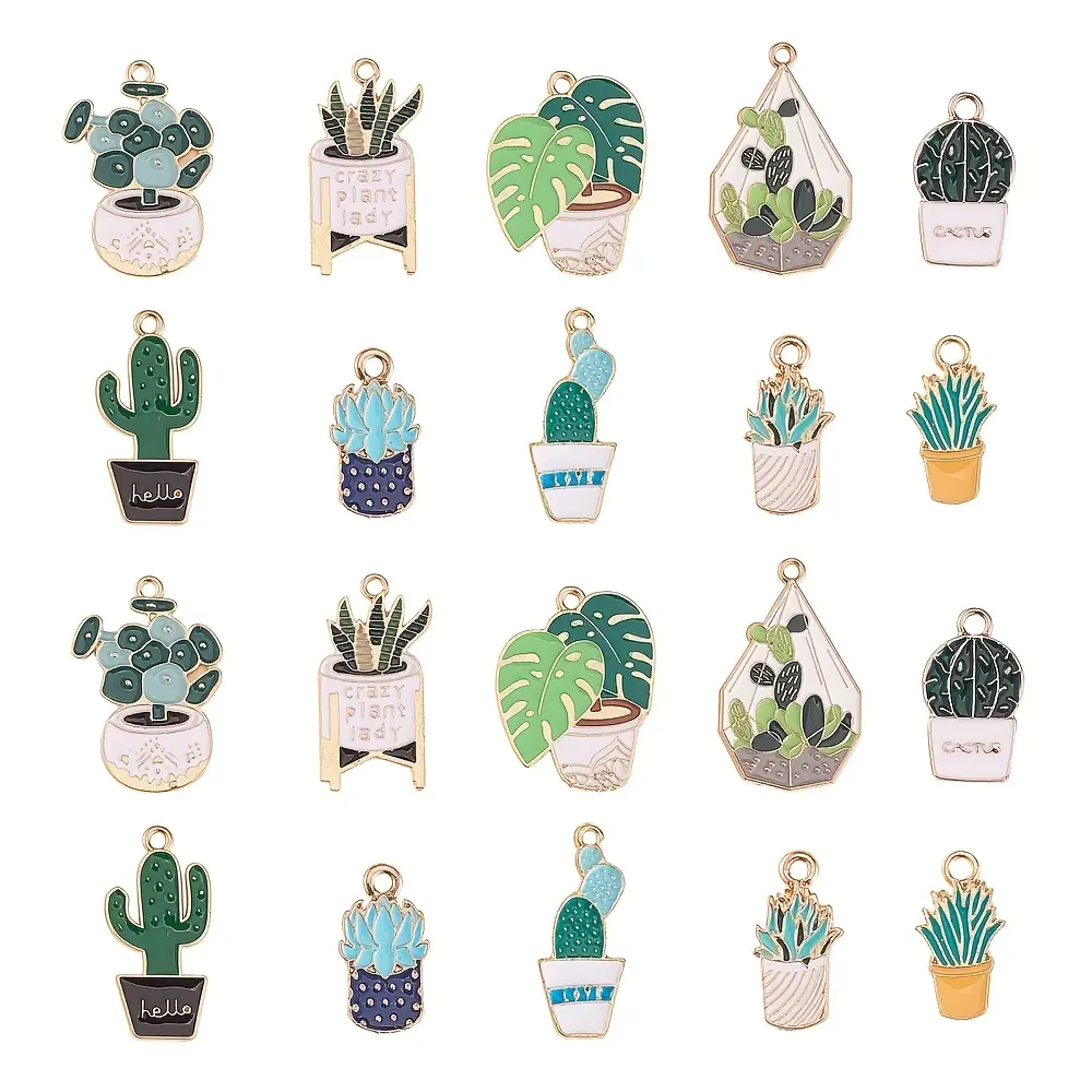 50 Pieces 10 Styles Cactus Tropical Charm Pendants, Succulent Plant Enamel Pendants Summer Desert Plant Enamel Pendants Beads Suitable for Earrings Necklaces Bracelets DIY Jewelry Making