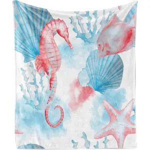 Nautical Throw Blanket, Shells Sea Horse Corals Fish Sandy Beach Exotic Watercolor Effect, Flannel Fleece Accent  Soft Couch Cover for Adults, 50" x 60", White Coral
