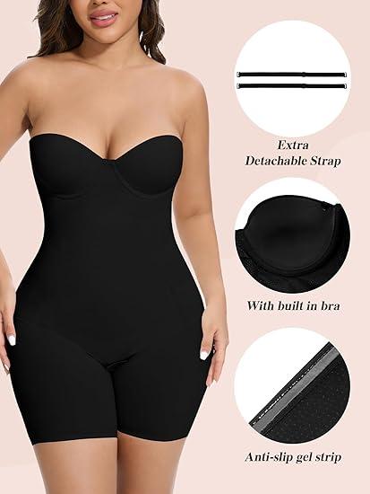 Slimers Strapless Tummy Control Bodysuit Shorts – Built-in Bra, Seamless No-Slip Invisible Shapewear for Women Outfit Fabric