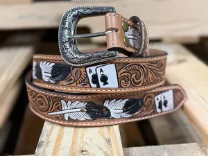 Lucky Ace Tooled Leather Western Belt – Hand-Tooled & Hand-Painted Genuine Leather