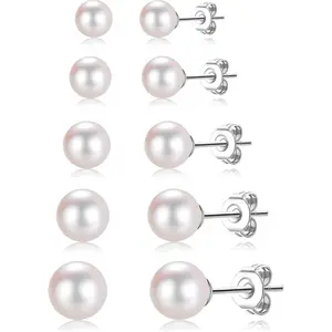 5 Pairs Hypoallergenic Pearl Ball Stud Earrings Set for Women 316L Surgical Steel Silver Earrings Ideal for Birthday Valentine's Day Gifts
