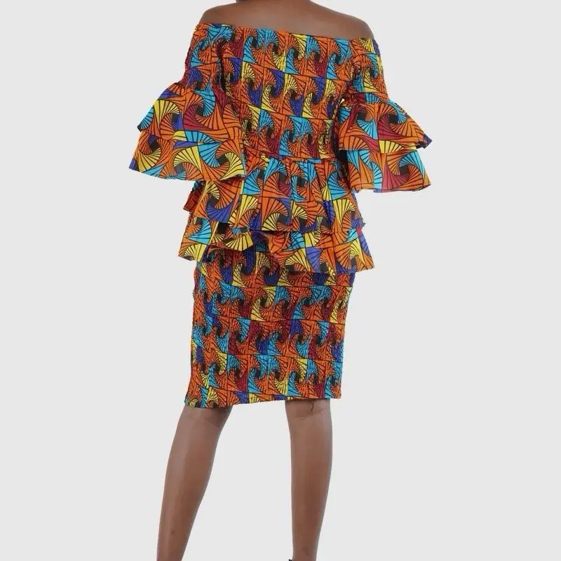 Two Piece African Skirt Set - Colorful Geometric Print Elastic Fitted Skirt & Bell Sleeves Top - OSFM Size Fits M-2X - 100% Cotton