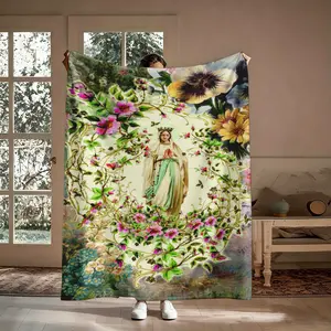 Catholic Blanket Gift, Virgin Mary Blessed Mother Floral Roses Crown Pattern Flannel Throw, Soft Cozy Warm Nap Blanket for Bedroom Living Room Couch, Religious Gift for Her Mom Grandmother, Christmas Birthday Mother's Day Present