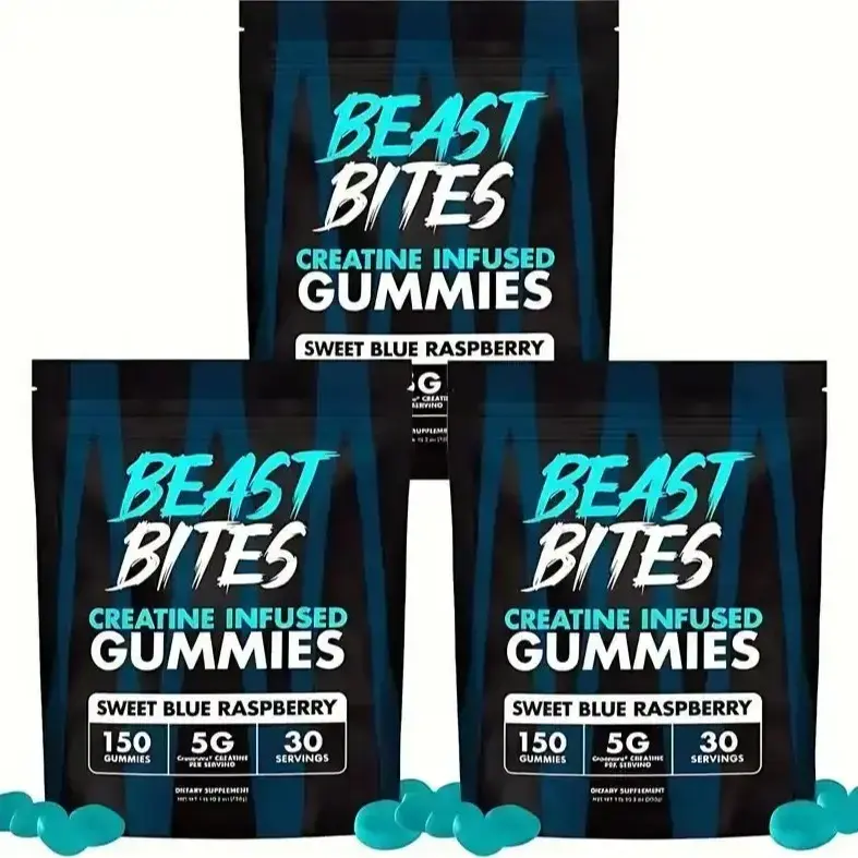 Beast Bites Creatine Infused Gummies with Creapure NSF Certified 5g Monohydrate per Serving Sweet Blue Raspberry Flavor Non-GMO Gluten Free Vegan