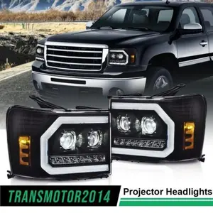 LED DRL Tube Projector Headlights Fit For 2007-13 GMC Sierra 1500 2500HD 3500HD