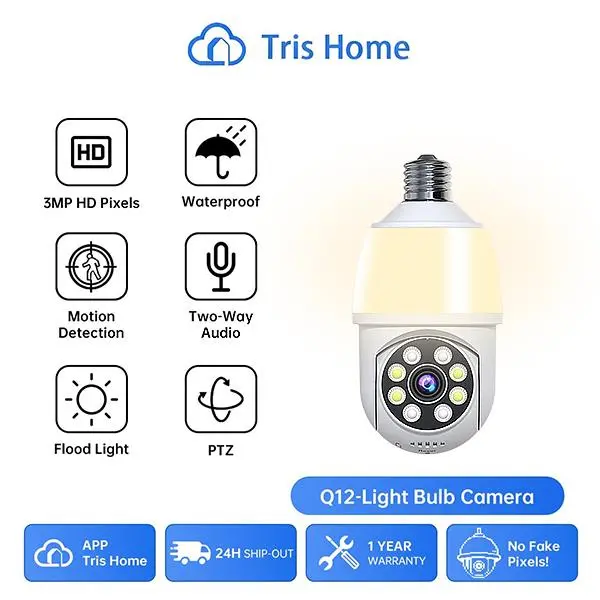Tris Home Q12 Light Bulb Security Camera - 3MP HD, 1080p Video, WiFi Wireless, Waterproof, Motion Detection, 2-Way Audio, Flood Light, PTZ, Night Vision, 1 Year Warranty