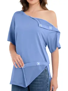 【Ecavus】Magnetic Buttons Post Shoulder Surgery Shirt for Women - Tear Away Crew Neck Full Open Side Adaptive Chemo Clothing summerwins