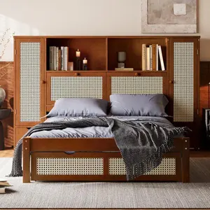 [Bellemave]Twin Size Wooden Bed with Two Storage Lockers, Drawer, and Storage Shelf on Headboard, Multifunctional Platform Bed with Natural Rattan, Walnut