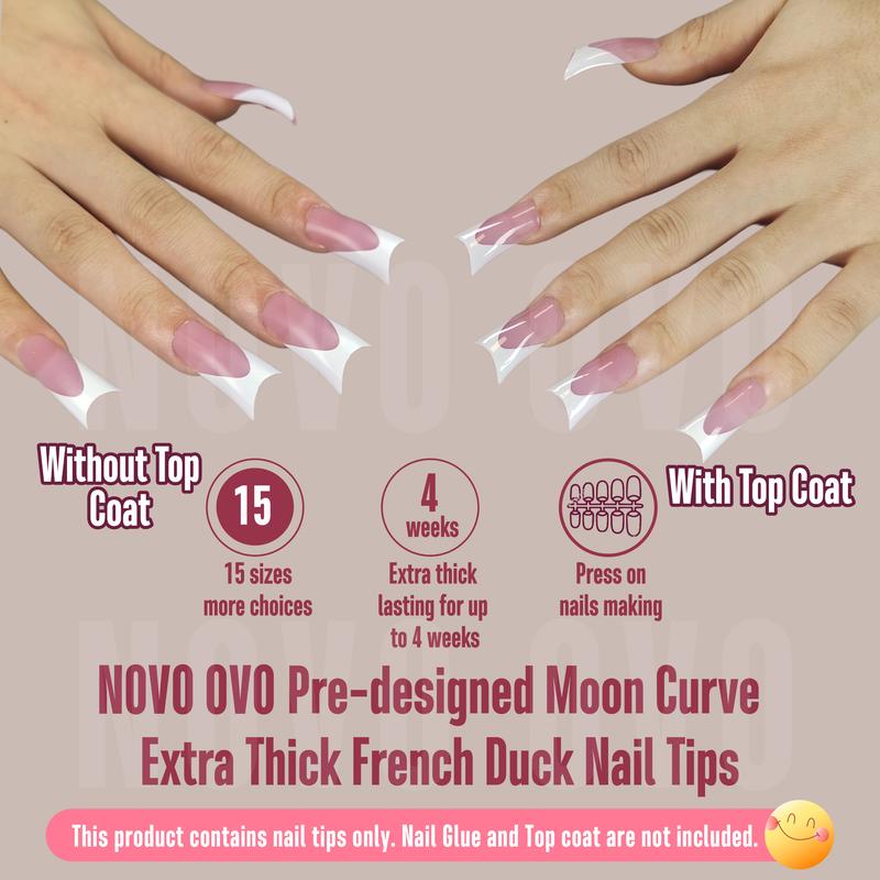 NOVO OVO White French Tip Duck Feet Nail Tips Full Cover for Press on Acrylic with Moon Curve, Thick Medim Long Pre-Etched Matter Flare Wide Soft Gel Fake False Nail Extension x 15 Sizes 150 pcs【NO GLUE ,TOP COAT AND LAMP INCLUDED】