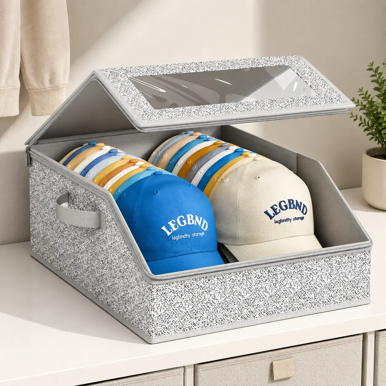 Large Hat Storage Boxes for Baseball Caps - 2 Pack Stackable Hat Organizer with Handles & Clear Window, Space-Saving Closet Organizers and Storage for Men's Hats, Shelves & Wardrobe