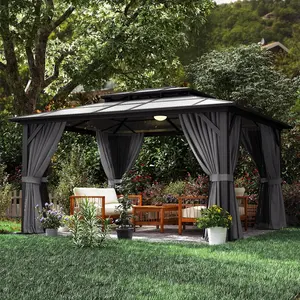 12’x14’ Hardtop Gazebo with Double Polycarbonate Roof Outdoor Metal Gazebo Sturdy Aluminum Frame & Removable Curtains, Netting Permanent Pavilion Pergola for Garden,Patio,Lawn
