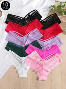 10Pcs Women's Sexy Tribal Totem Print Bikini Lace Hollow Out Criss-Cross Belt Triangle Panties, Natural Waist Fitted Lingerie Underwear Set