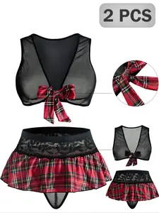 Plus Size Lingerie Set, Bra, Lace Contrast, Plaid, Tie-Detail Design, Mini Skirt, Perfect for Women, Ideal for Cosplay and Daily Wear