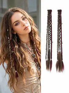 2pcs Clip in Braid Hair Extensions for Women, 20" Boho Dreadlock Braids with Beads & Charms, Handmade Synthetic Hairpieces for Cosplay Daily Styling