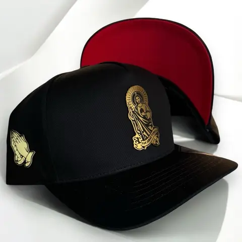 San Judas Tadeo Faith Cap - Black with Red Visor Flat Bill Snapback Baseball Hat, Adjustable Saint Jude Design Graphic Print, Black/Red Logo Fashion Accessory