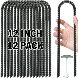 Heavy Duty Trampoline Stakes with T‑Hook – Galvanized Steel Ground Anchors, High Wind Tent & U‑Shaped Rebar Stakes (Black) Outdoor Camping Sleeping