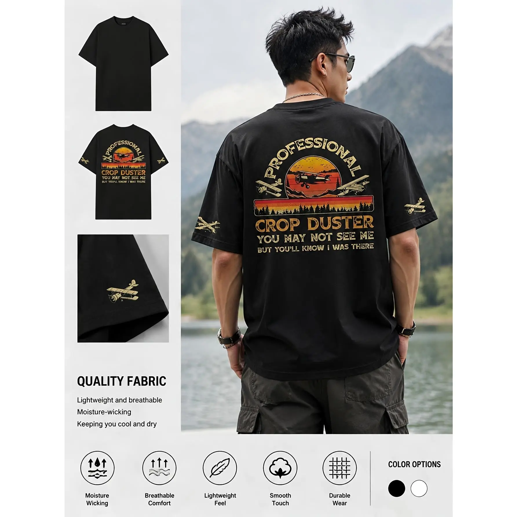 Vintage Sunset Crop Duster Airplane Slogan Graphic Oversized T-Shirt, Moisture Wicking Breathable Durable Unisex Pilot Outdoor Casual Tee Black White