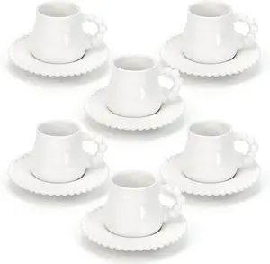 Coffee Cup Set of 6 with Saucers, 3.5 OZ Ceramic Espresso Cups, Elegant Deco Turkish Coffee Cup Gift for Cappuccino, Latte, Cafe Mocha and Tea, Dishwasher & Microwave Safe (Pearl White)