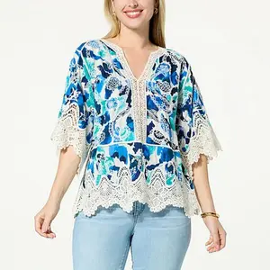 Democracy Embroidered Crochet Trim Peplum Top