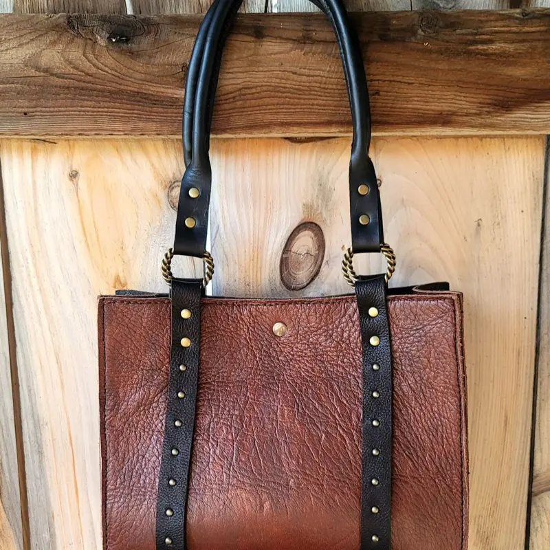 HAND SEWN CUSTOM FULL GRAIN LEATHER PURSE with Black Straps and Gold Studs Women's Locking