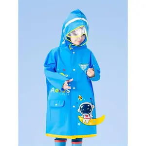 Kids Astronaut Raincoat with Transparent Brim Reflective Strips for Outdoor Play Water Play Camping Walking Blue Cartoon Design Single Piece