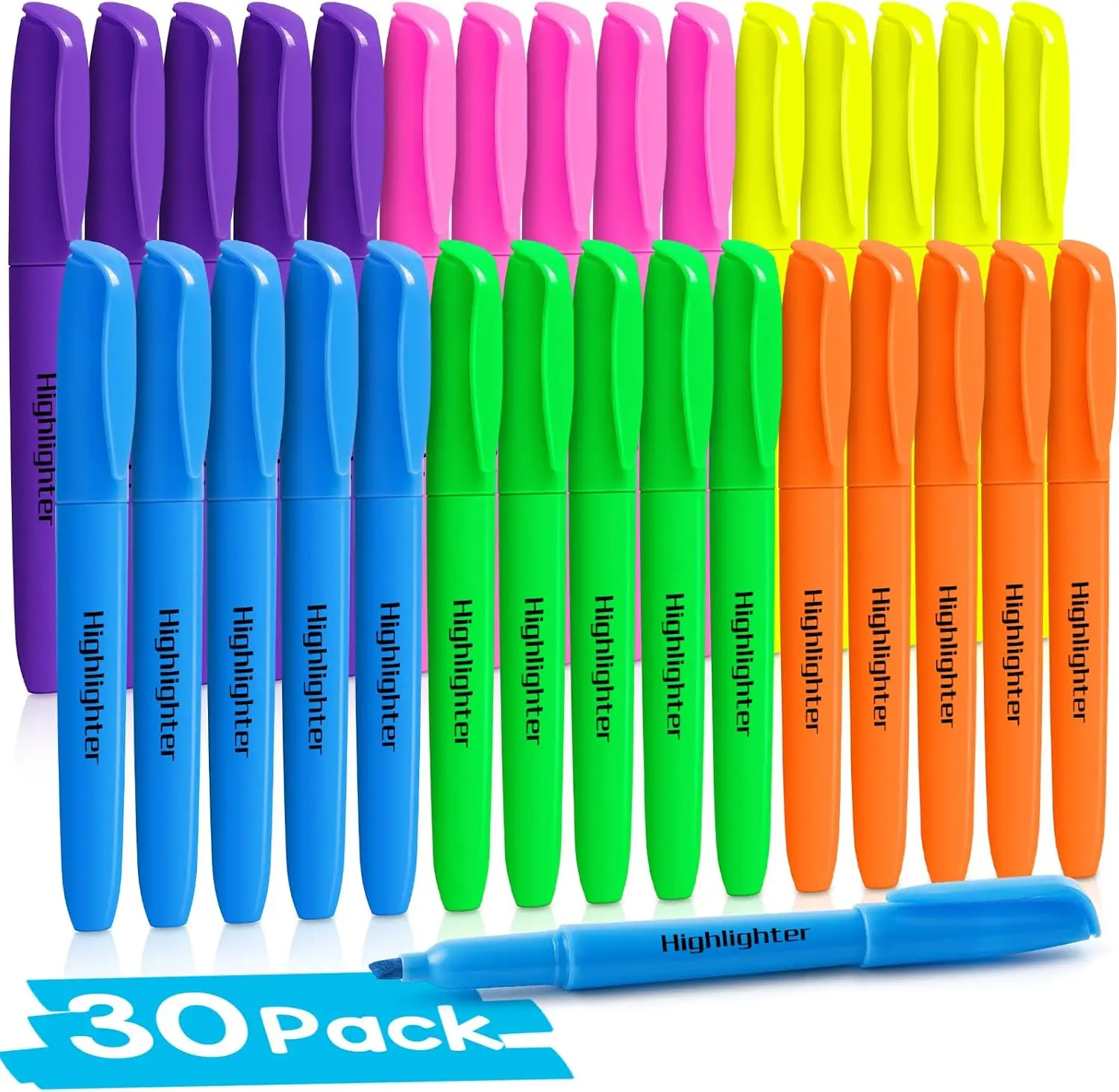 30 Pack Highlighters in 6 Assorted Colors, No Bleed, Bright With Soft Chisel Tips, Ideal for Office and School Supplies