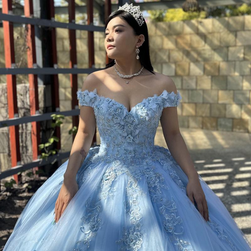 NO.31 Draped Bodice Quinceañera Dress with Three Dimensional Flowers plain mature bodycon party blue dress quince square neck plain sequin dress royal  blue Formal Womenswear party maxi