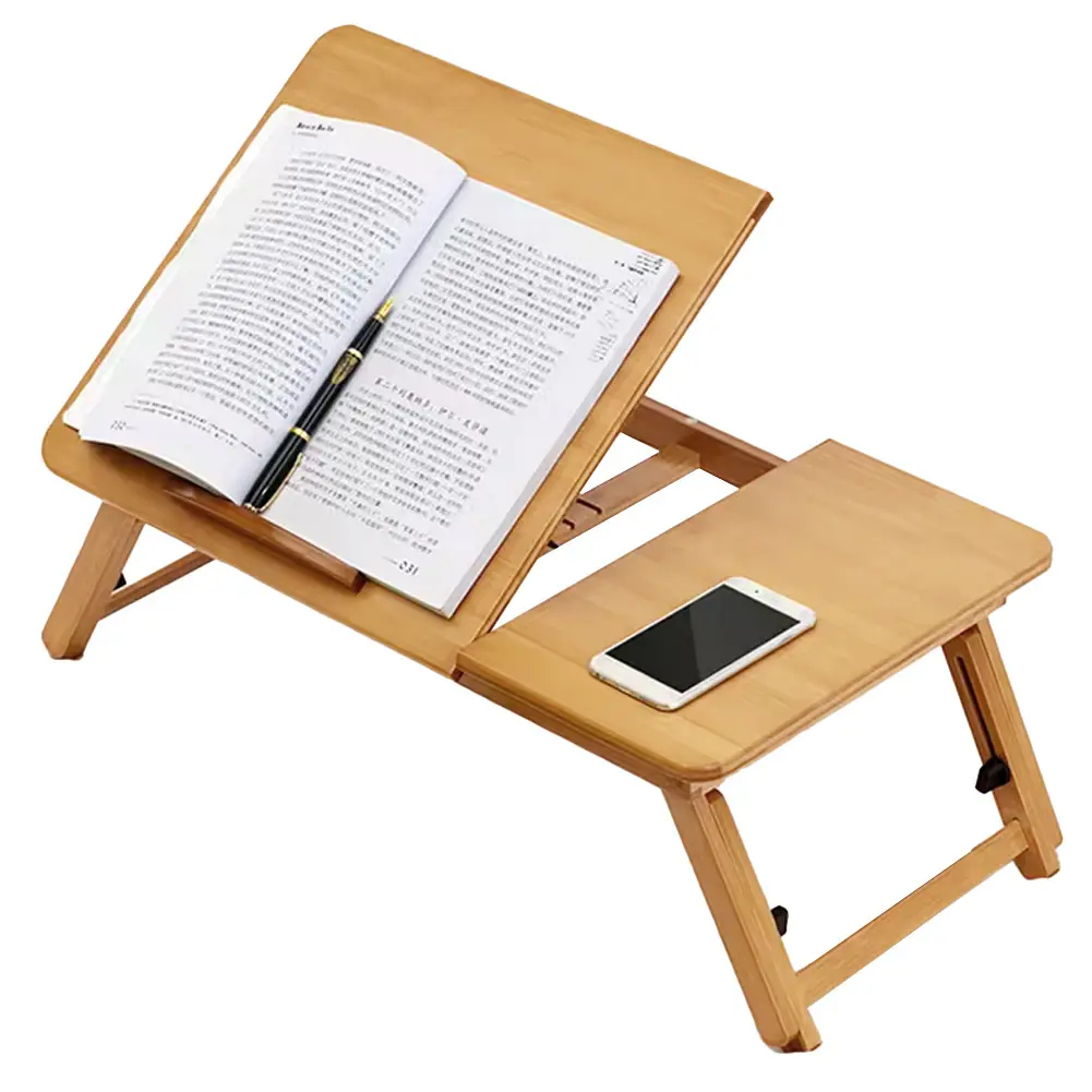 Laptop Desk for Bed, Lap Desk, Bed Tray Table, Natural Bamboo Foldable Desk with Tilting Top and Side Shelf, Adjustable Height Laptop Table for Reading Writing Eating on Couch Floor