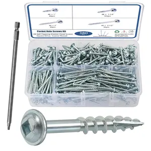 Pocket Hole Screws Assortment Kit, 380 count in 4 Sizes #8 x 1, 1-1/4", 2", 2-1/2", Coarse Thread  Screws with Square Drive, Zinc Plated Pocket Screws, Self Tapping, Drive Bit Included