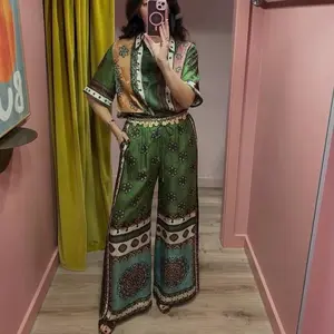 Women's 2-Piece Contina Scarf Print Co-ord Set - Floral Patchwork Button-Down Shirt and Relaxed Wide-Leg Pants with Drawstring Waist - Luxury Resort Wear