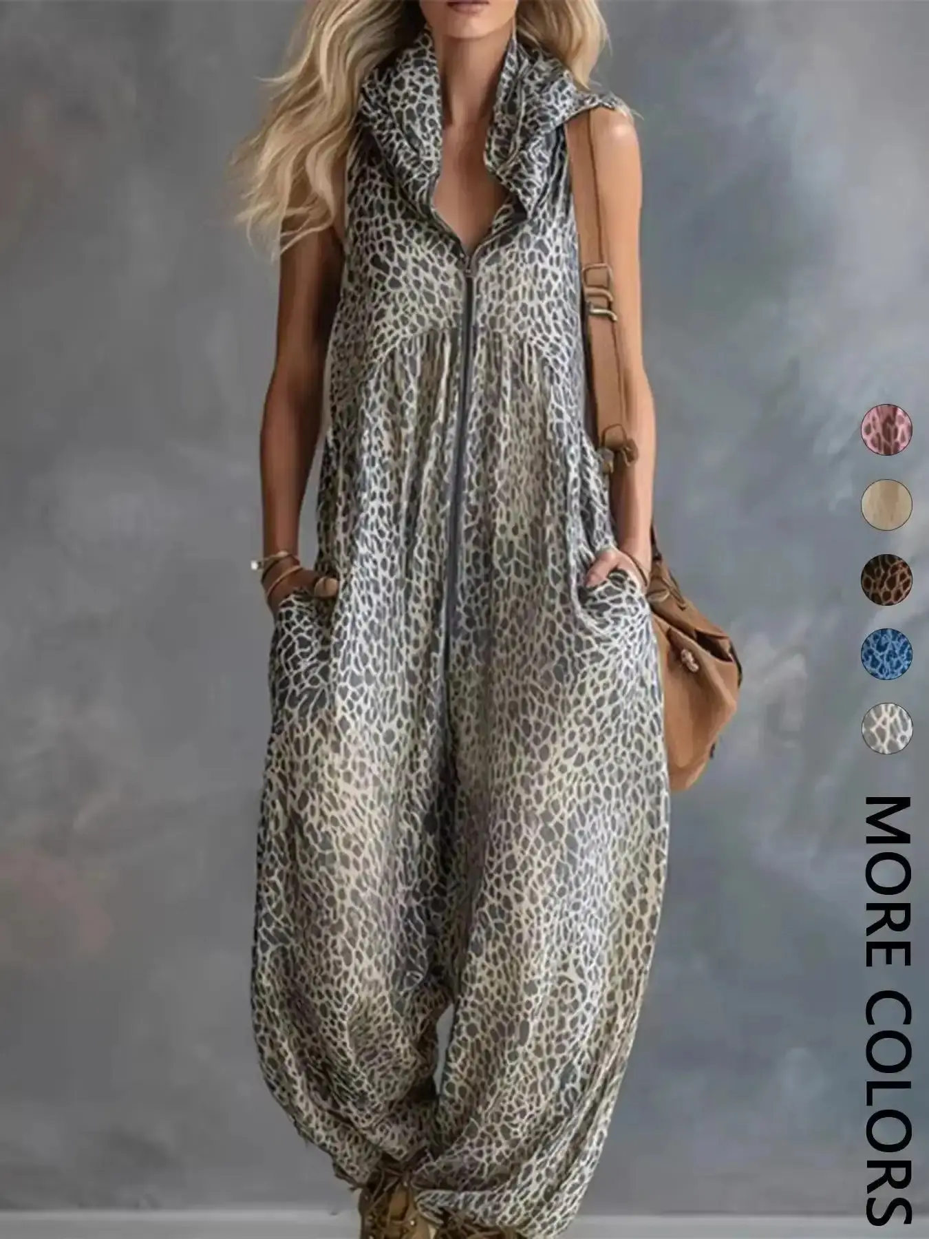 Women's Summer Leopard Hooded Zip-Up Jumpsuit - 1 Piece Loose Harem Streetwear Outfit