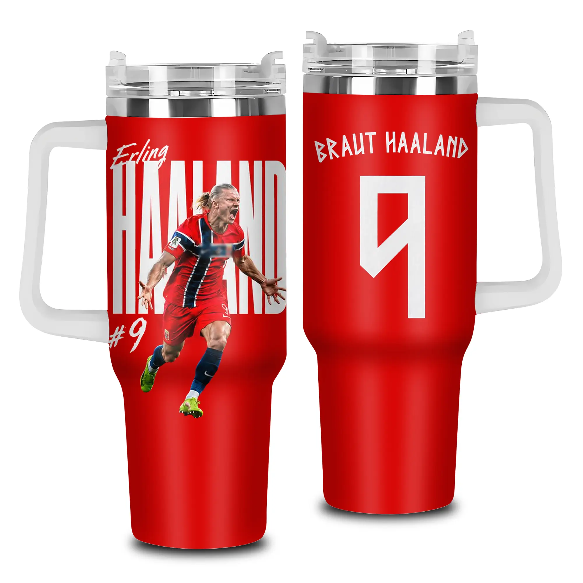 [Elysian Sip] Erling Haaland 40oz & 20oz Insulated Tumbler, Norwegian Striker Viking Warrior Football Cup With Handle and Straw, Goal Machine WC 2026 Fan Gift, Leakproof Reusable Travel Mug.