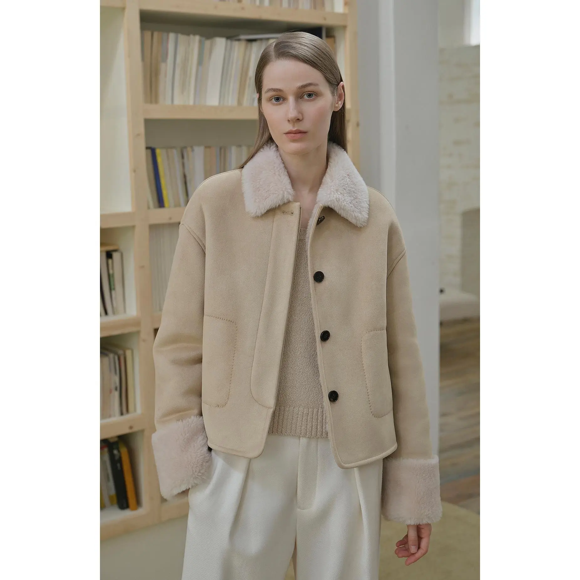 Fireladyfur Women's Casual Shearling Jacket With Furry Lapel"Slightly Sweet Latte"