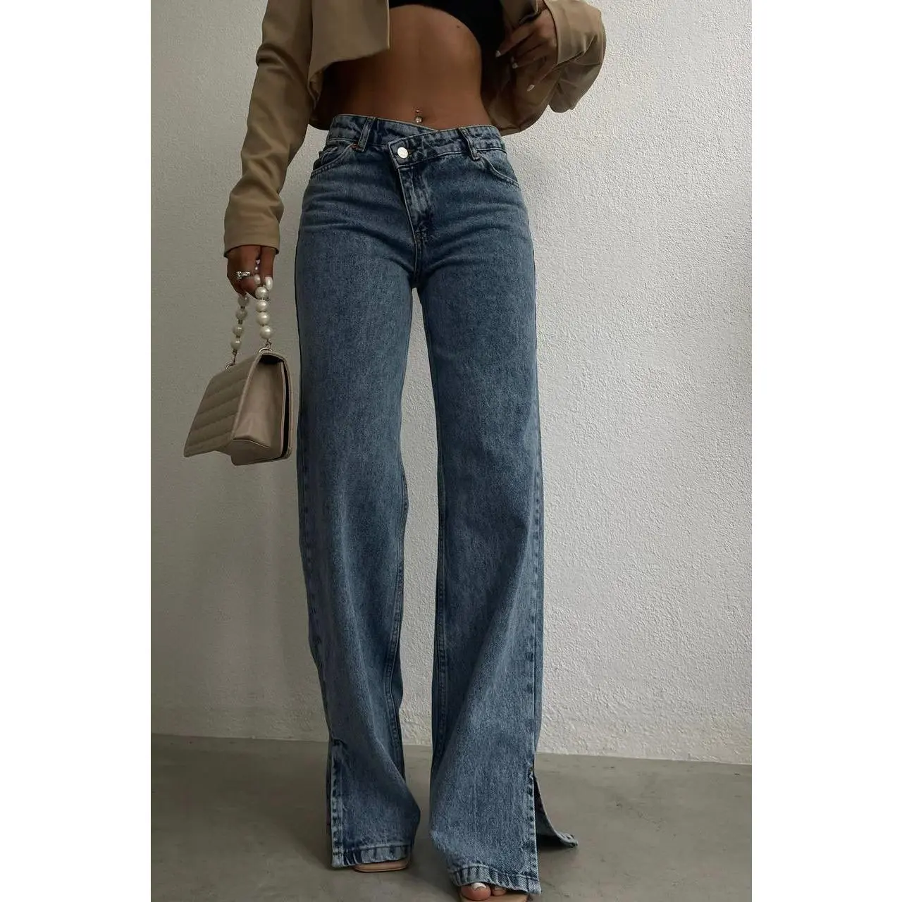 Cross Button Straight Jeans Blue